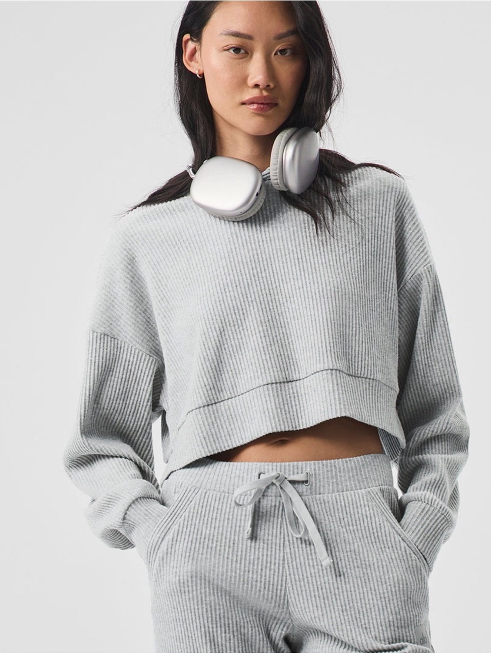 ALO Light Gray Ribbed Cropped Sweater